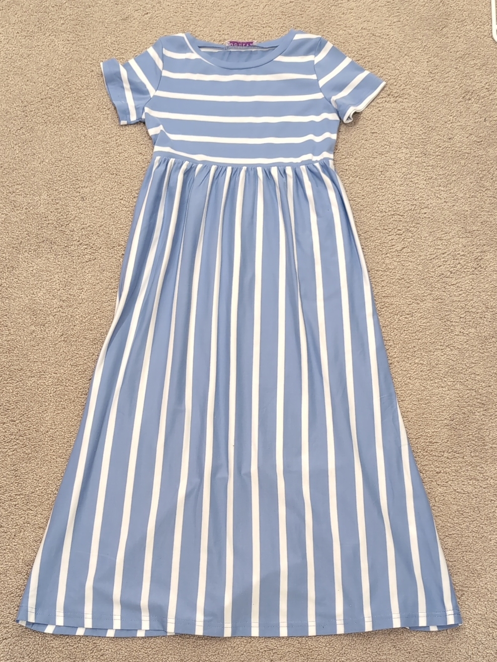 Girls' Blue and White Stripe Short-Sleeve Maxi Dress